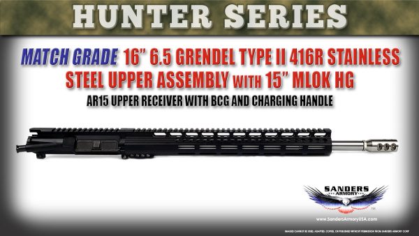 Sanders Armory Hunters Series 16 inch Match Grade 65 Grendel Type II Stainless Steel Upper Assembly