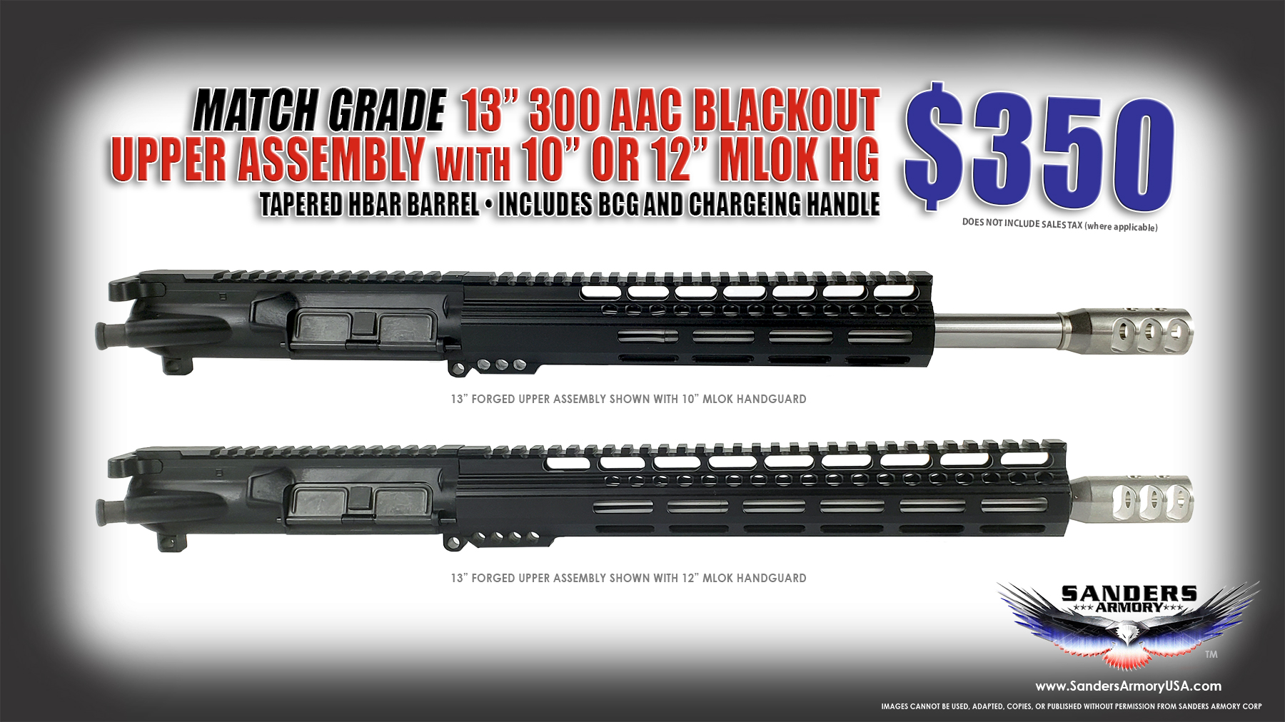Sanders Armory Match Grade AR15 300 AAC Blackout Upper Assembly with 5R Rifling