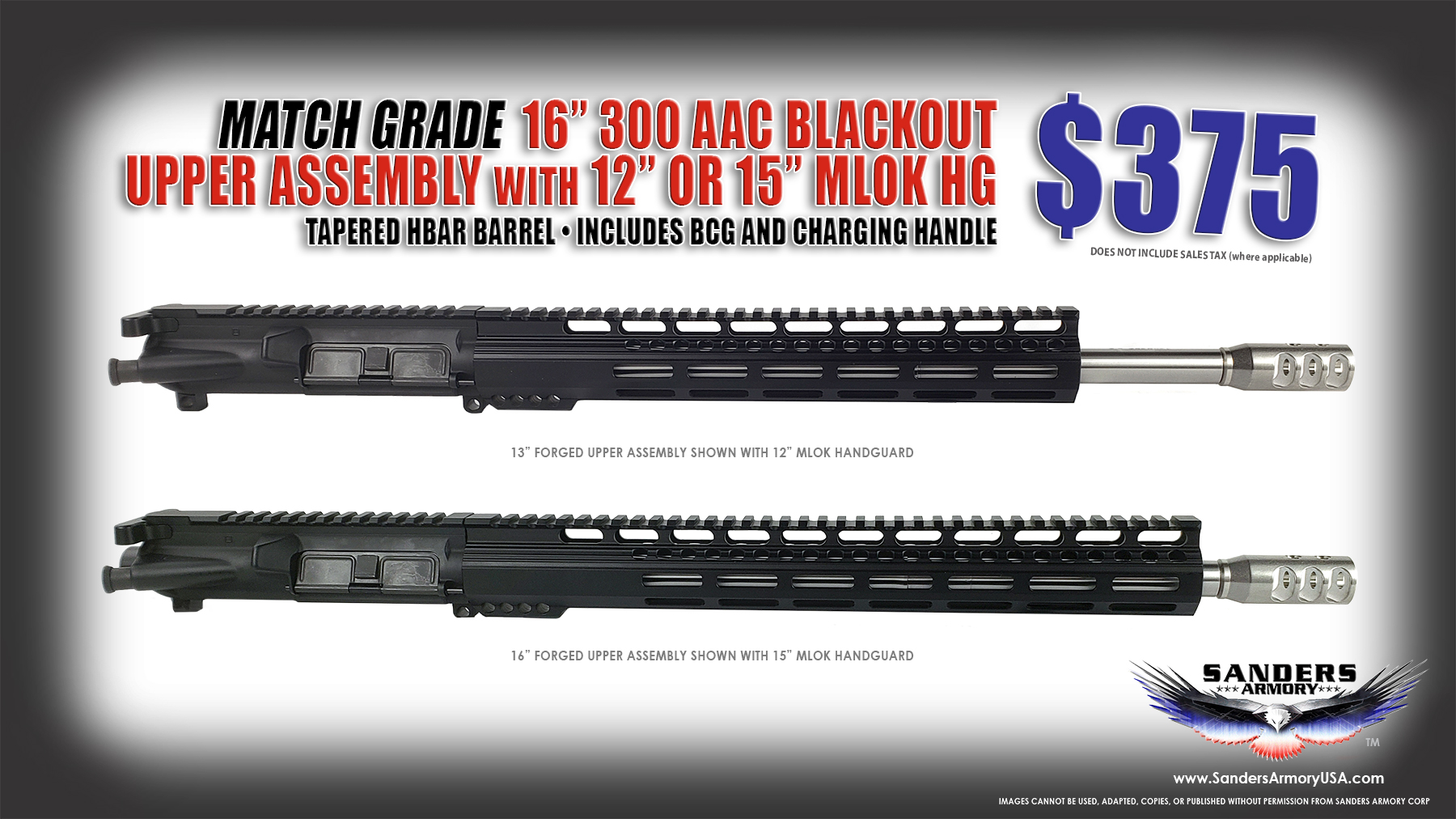 Sanders Armory Match Grade 16" 300 AAC Blackout Stainless Steel Forged Upper Assembly 5R