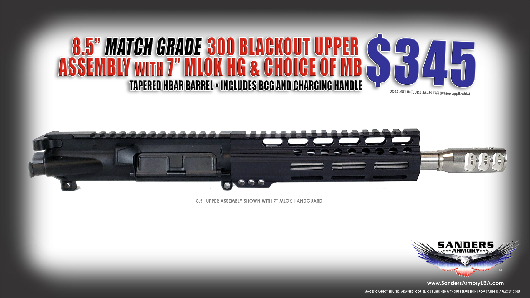 8.5″ Match Grade 300 AAC Blackout Stainless Steel 5R Upper Assembly with BCG