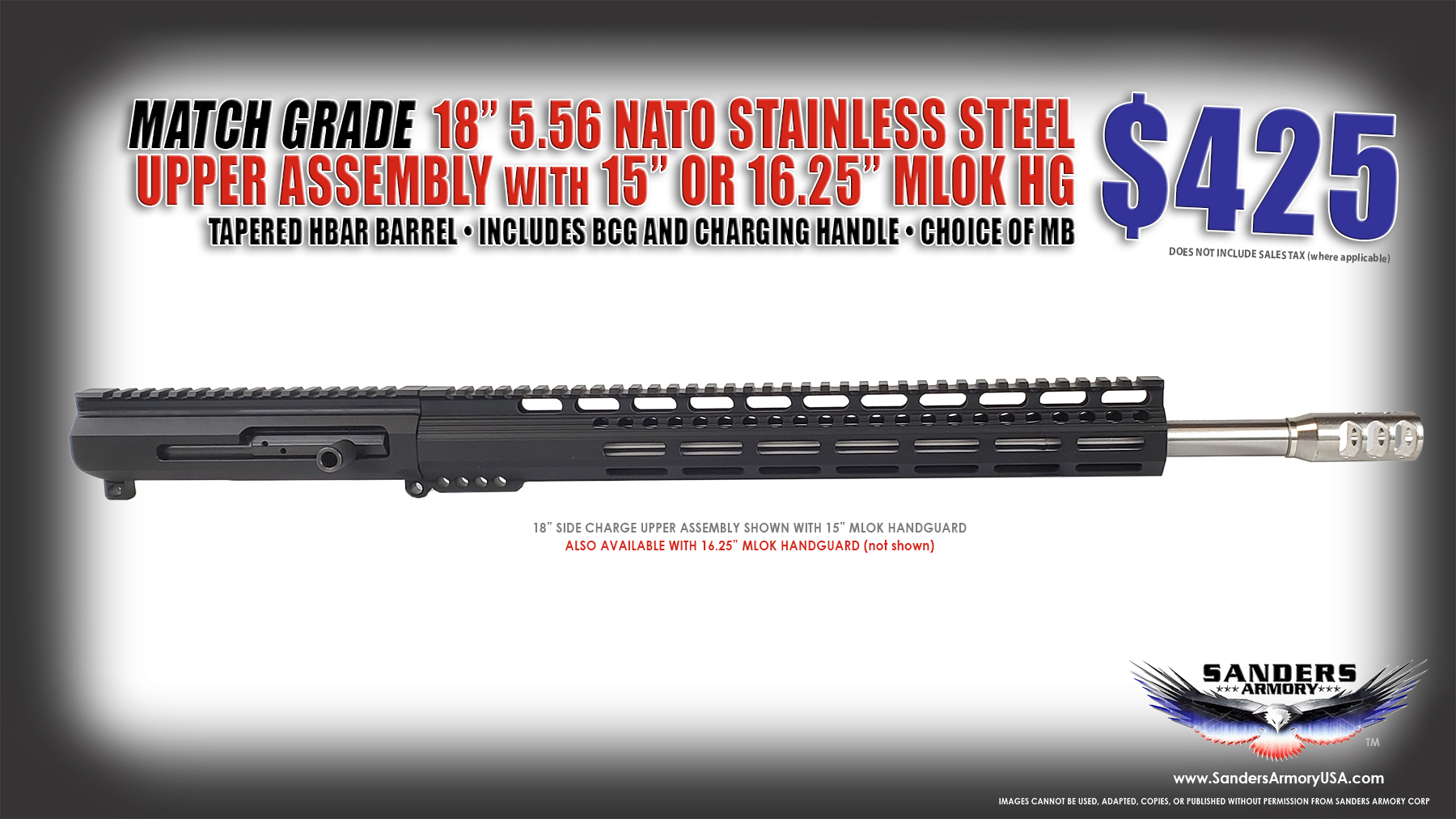 18″ Match Grade 5.56 NATO Stainless Steel 5R Upper Assembly with AR15/M16 BILLET SIDE CHARGE Upper Assembly