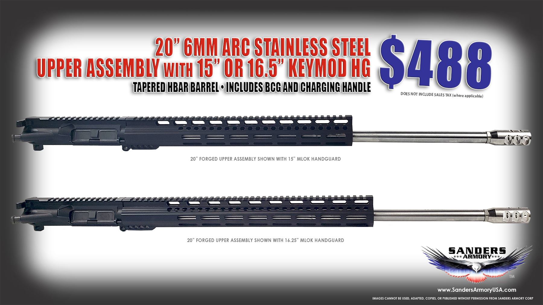 Sanders Armory AR-15 20" 6MM ARC Match Grade Stainless Steel 5R Tapered HBAR COMPLETE Upper Assembly with BCG and Charging Handle comes with a Match Grade barrel that has been hand lapped and air gauge tested with 5R rifling
