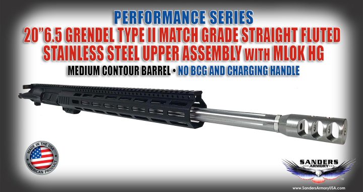 Sanders Armory 6.5 Grendel Straight Fluted Stainless Steel Upper Assembly Match Grade Performance Series