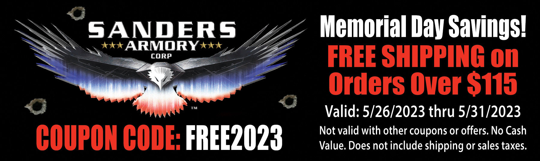 Sanders Armory Memorial Day Free Shipping Coupon Code Free2023 for orders over $115